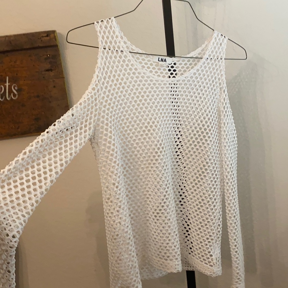 LNA white mesh top with open shoulders